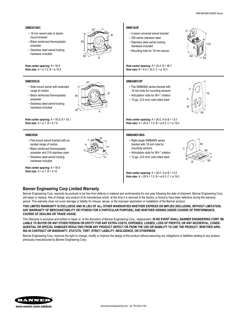 Banner engineering corp limited warranty | Banner MINI-BEAM Namur DC Series User Manual | Page 9 / 9