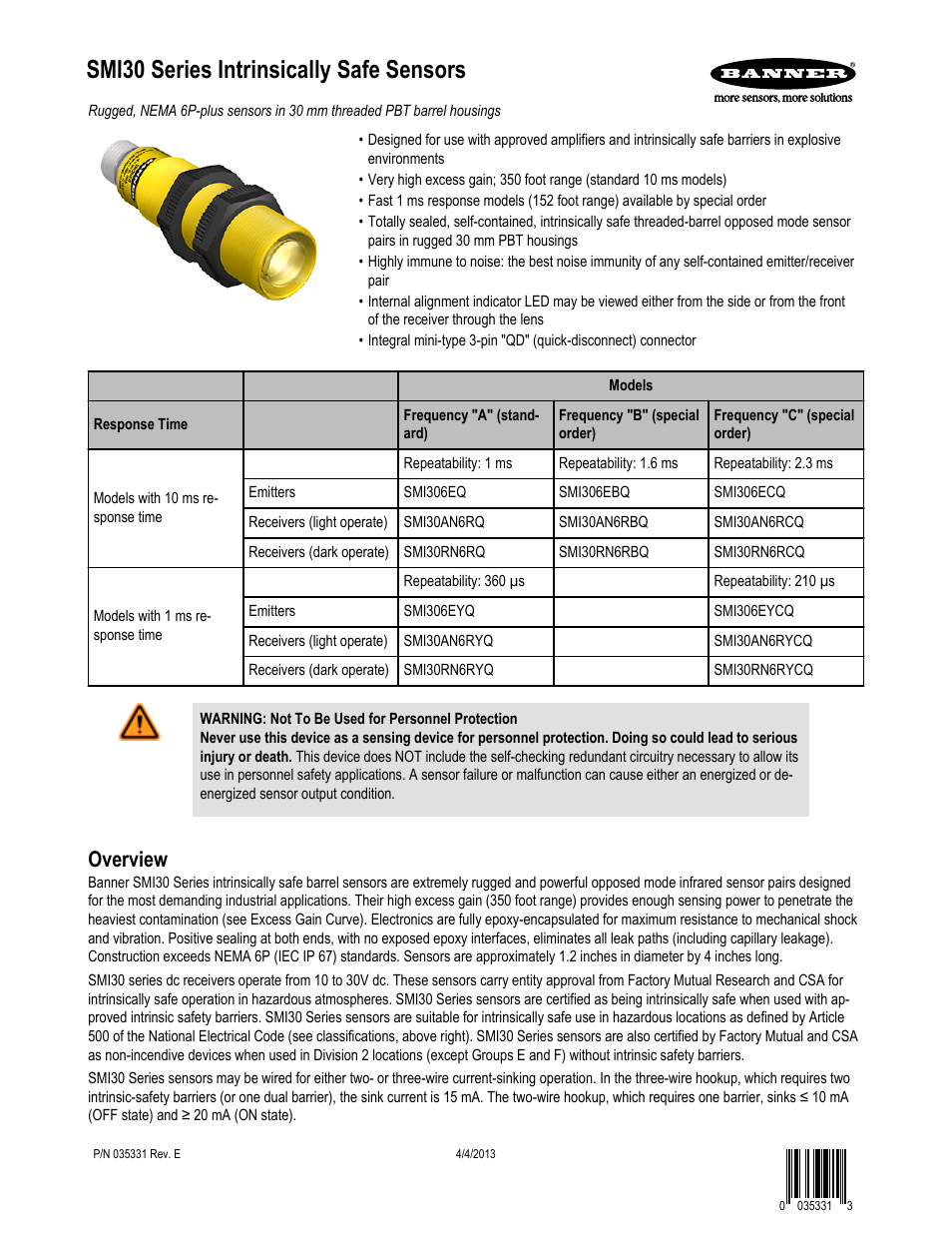 Banner SMI30 Series—Intrinsically Safe User Manual | 8 pages