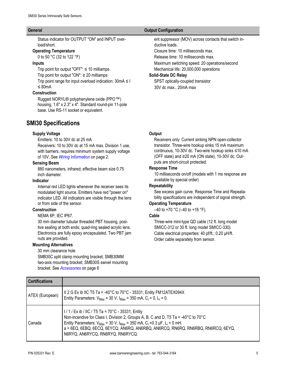 Smi30 specifications | Banner SMI30 Series—Intrinsically Safe User Manual | Page 5 / 8