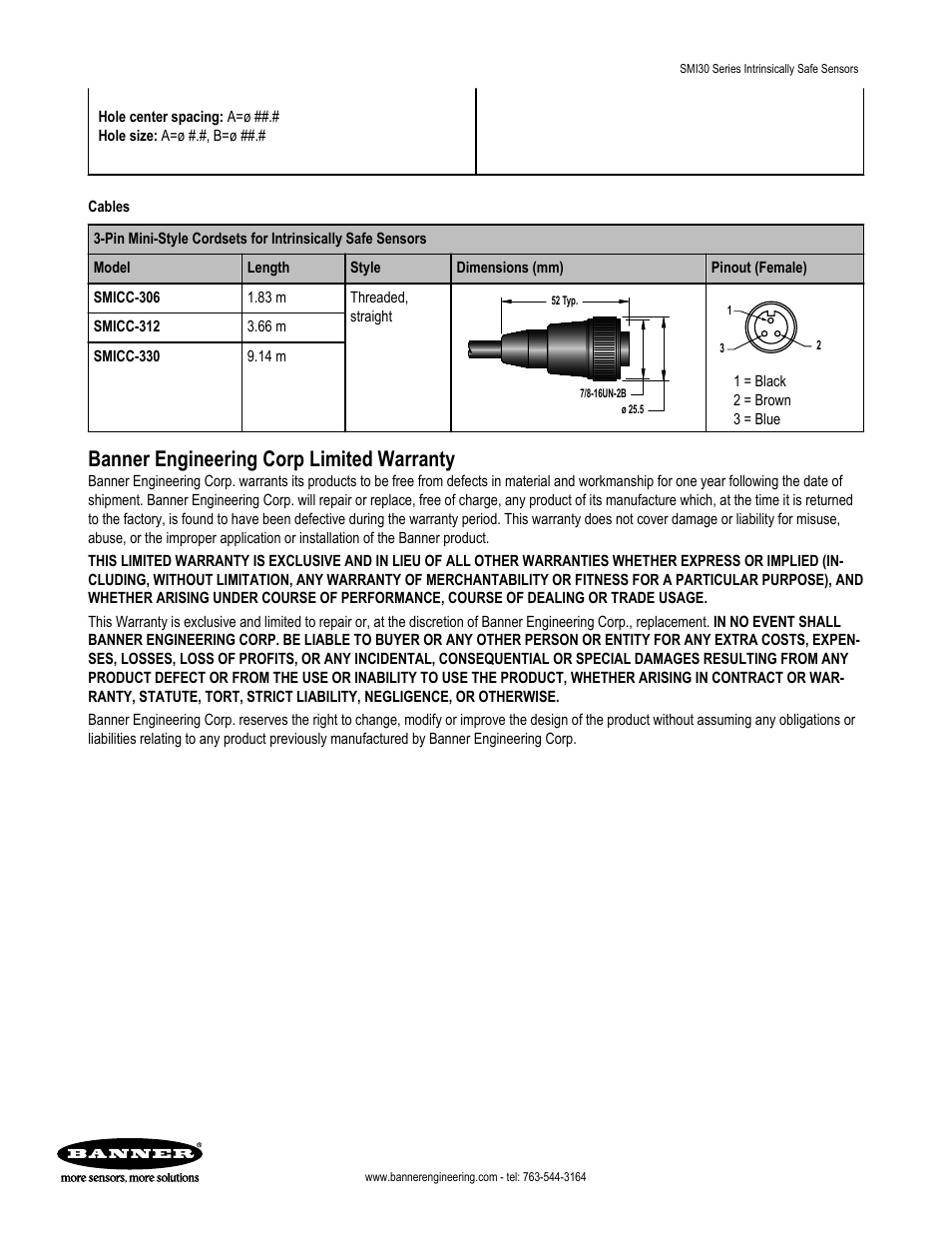 Banner engineering corp limited warranty | Banner SMI30 Series—Intrinsically Safe User Manual | Page 8 / 8