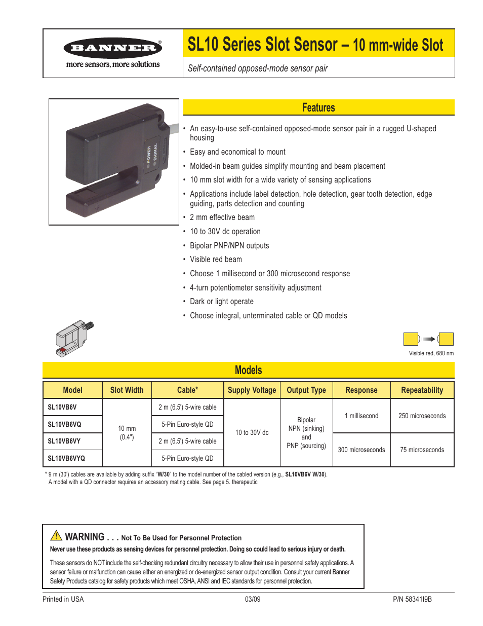 Banner SL10 Series Slot Sensors User Manual | 6 pages