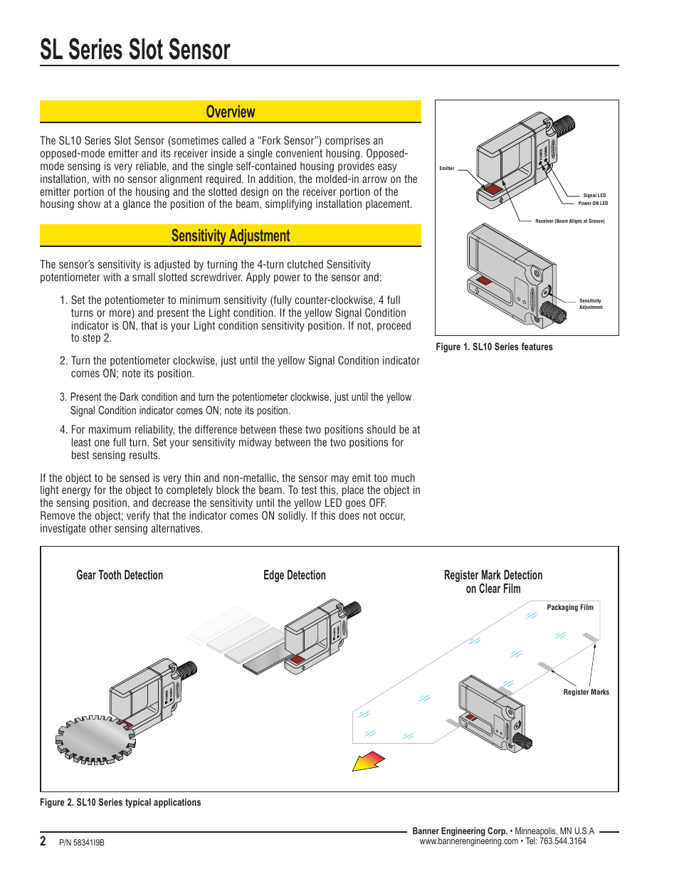 Sl series slot sensor, Overview, Sensitivity adjustment | Banner SL10 Series Slot Sensors User Manual | Page 2 / 6