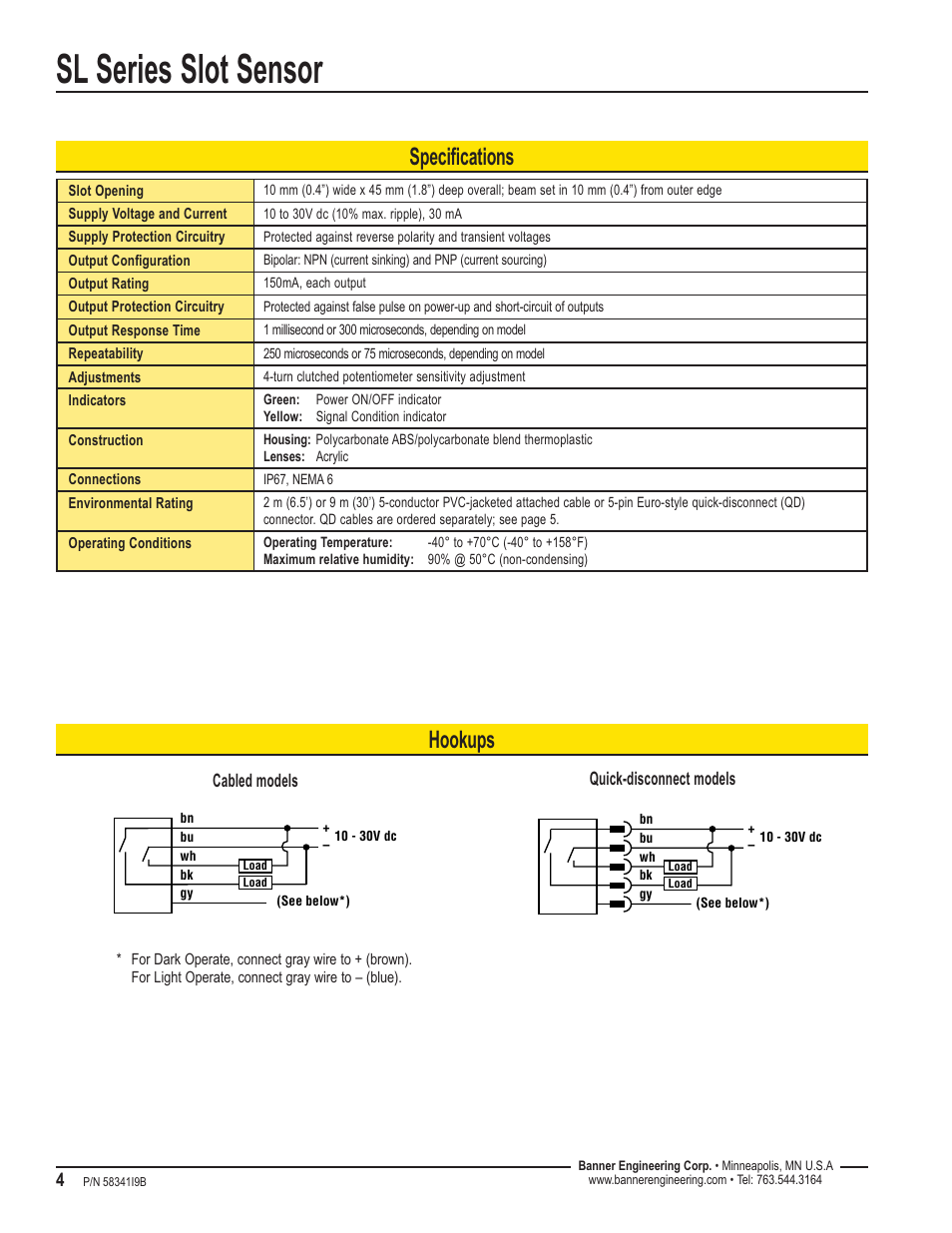 Sl series slot sensor, Specifications, Hookups | Banner SL10 Series Slot Sensors User Manual | Page 4 / 6