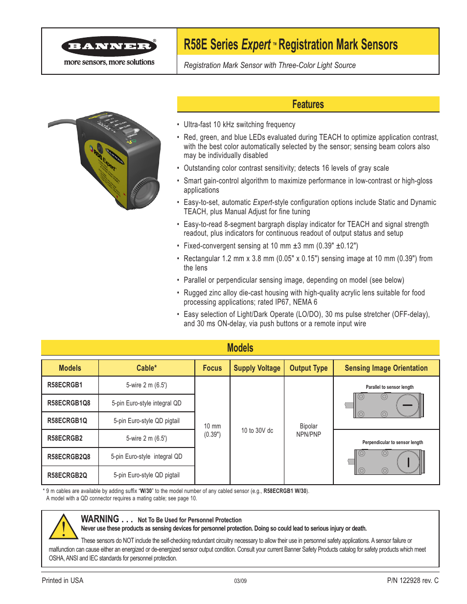 Banner R58 Registration Mark Sensors User Manual | 12 pages