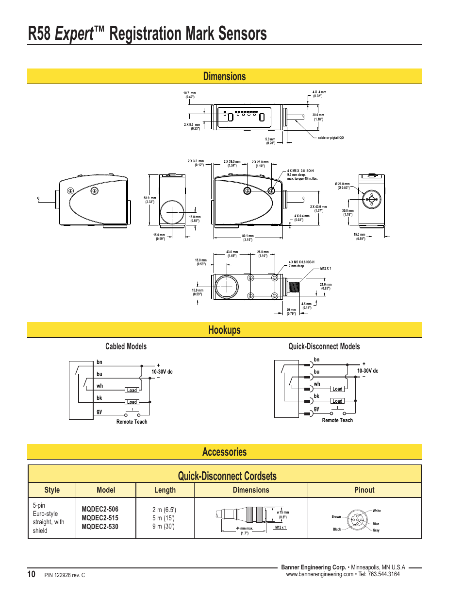 R58 expert, Registration mark sensors, Dimensions | Hookups, Quick-disconnect cordsets, Accessories, Cabled models, Quick-disconnect models, Style model length dimensions pinout | Banner R58 Registration Mark Sensors User Manual | Page 10 / 12