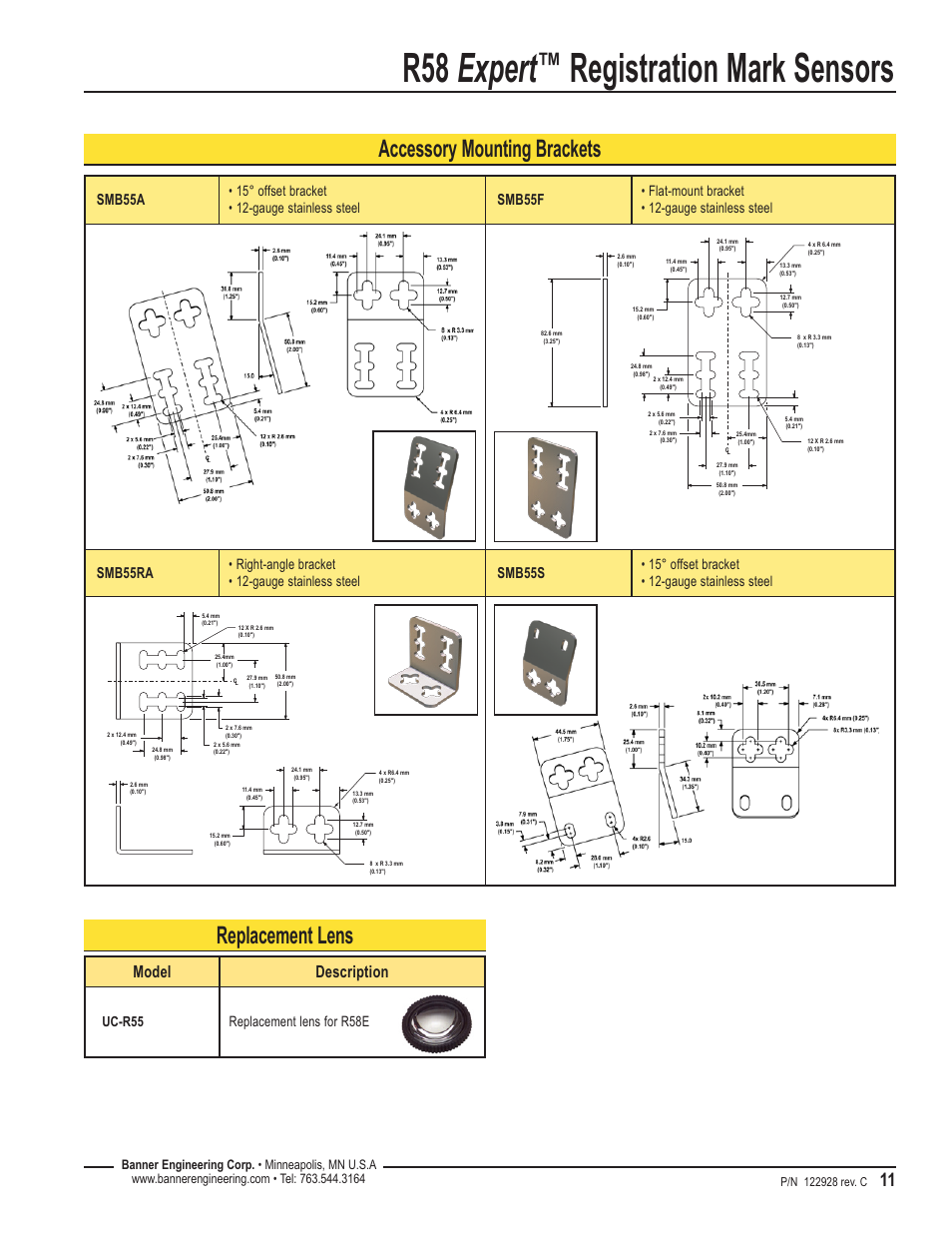 R58 expert, Registration mark sensors, Replacement lens | Accessory mounting brackets, Model description, Smb55a, Smb55f, Smb55ra, Smb55s, Uc-r55 replacement lens for r58e | Banner R58 Registration Mark Sensors User Manual | Page 11 / 12