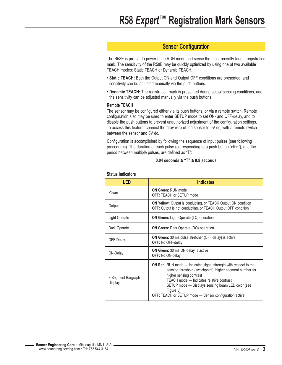 R58 expert, Registration mark sensors, Sensor configuration | Banner R58 Registration Mark Sensors User Manual | Page 3 / 12