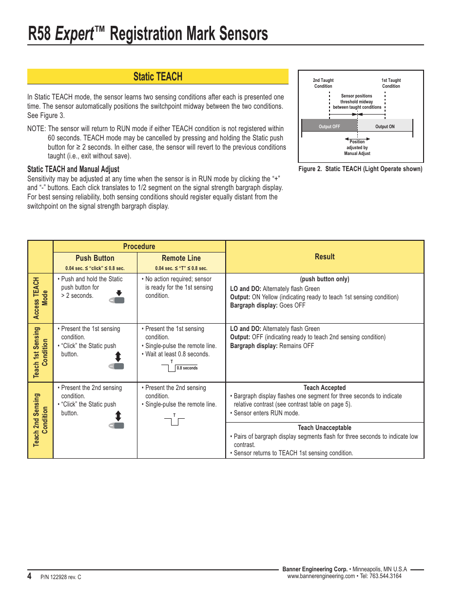 R58 expert, Registration mark sensors, Static teach | Static teach and manual adjust, Procedure result push button, Remote line, Access teach mode, Teach 1st sensing condition, Teach 2nd sensing condition | Banner R58 Registration Mark Sensors User Manual | Page 4 / 12