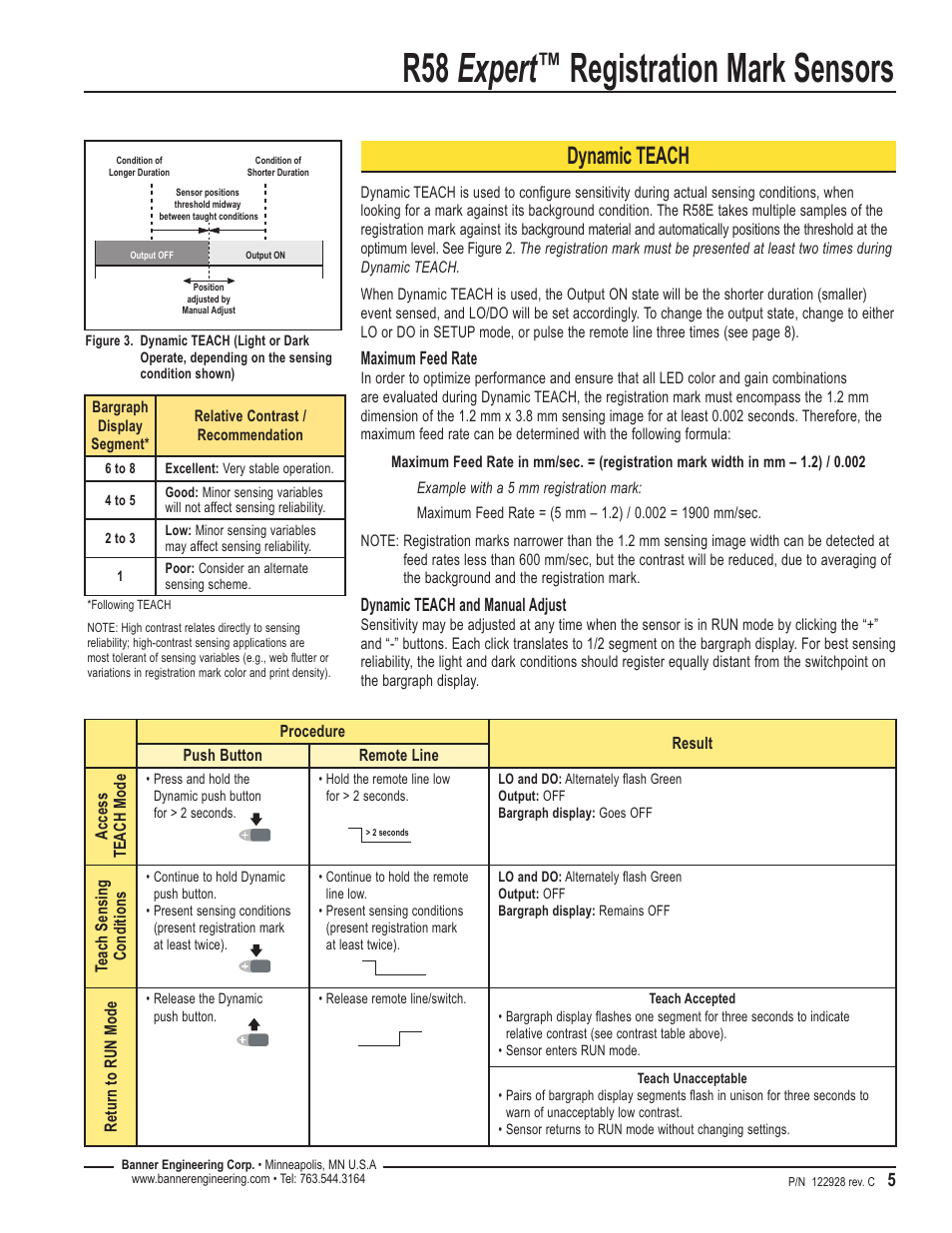 R58 expert, Registration mark sensors, Dynamic teach | Maximum feed rate, Dynamic teach and manual adjust, Teach sensing conditions, Return to run mode | Banner R58 Registration Mark Sensors User Manual | Page 5 / 12