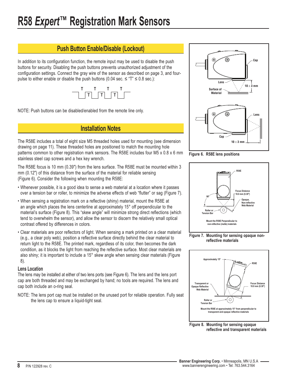 R58 expert, Registration mark sensors, Push button enable/disable (lockout) | Lens location | Banner R58 Registration Mark Sensors User Manual | Page 8 / 12