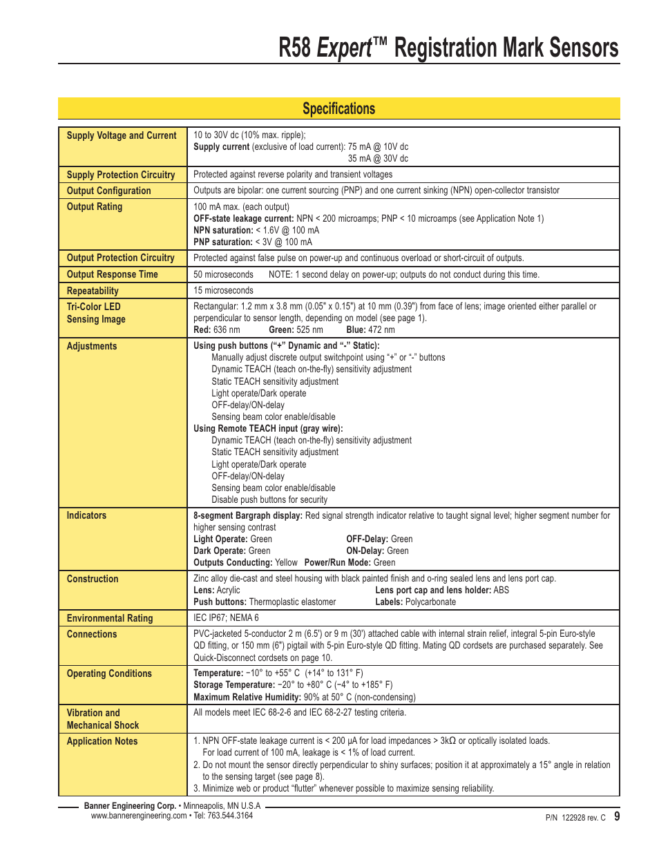 R58 expert, Registration mark sensors, Specifications | Banner R58 Registration Mark Sensors User Manual | Page 9 / 12
