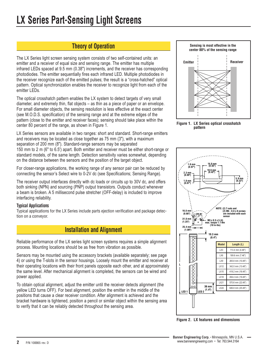 Lx series part-sensing light screens, Theory of operation, Installation and alignment | Typical applications | Banner LX Series User Manual | Page 2 / 4