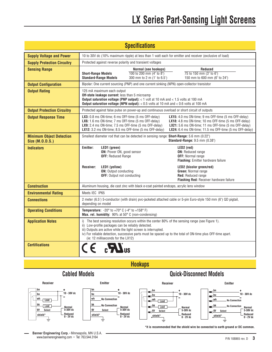 Lx series part-sensing light screens, Specifications hookups, Cabled models quick-disconnect models | Banner LX Series User Manual | Page 3 / 4