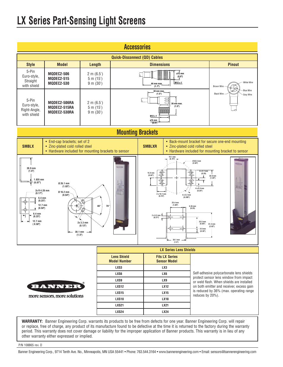 Lx series part-sensing light screens, Mounting brackets accessories | Banner LX Series User Manual | Page 4 / 4