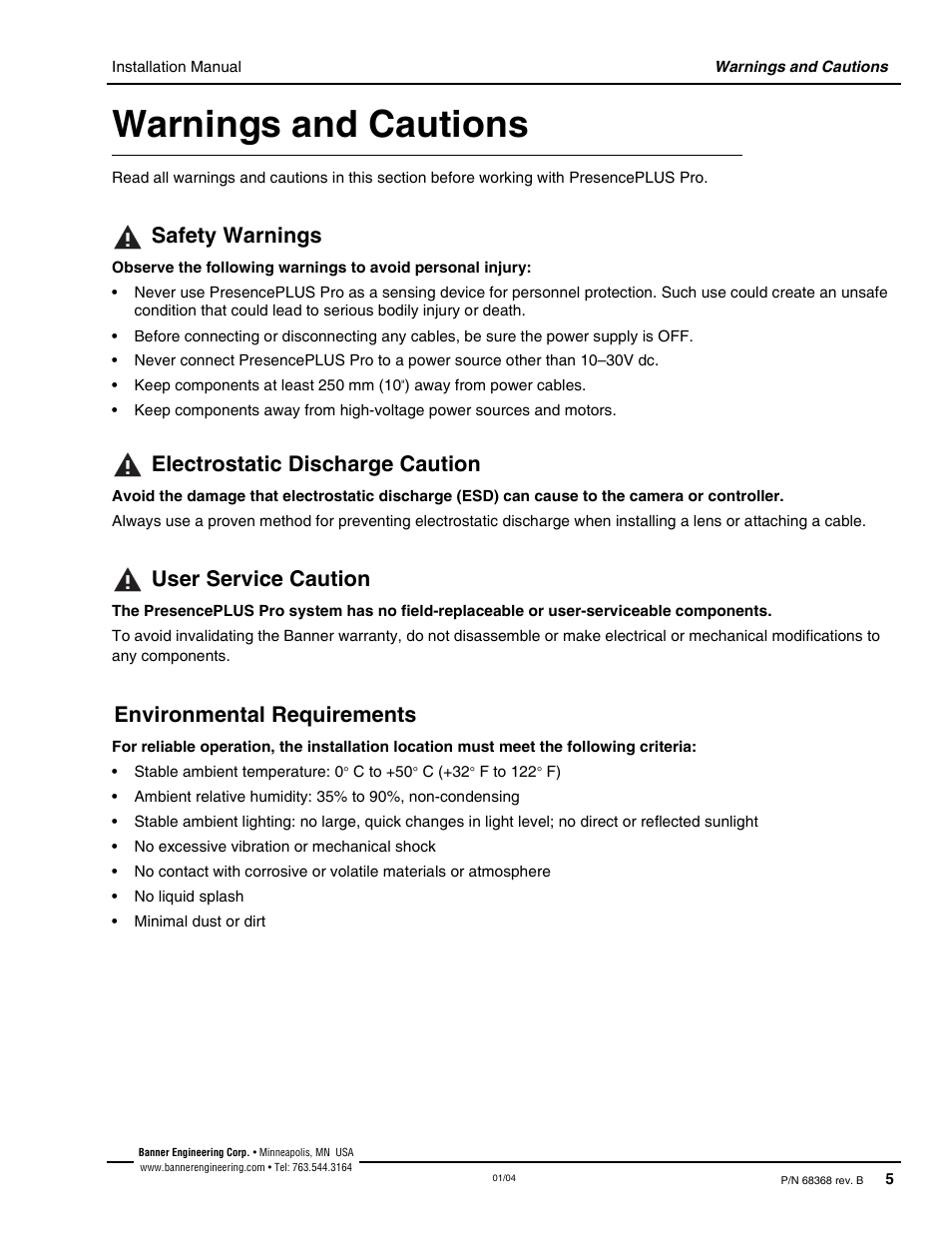 Warnings and cautions, Safety warnings, Electrostatic discharge caution | User service caution, Environmental requirements | Banner PresencePLUS Pro—PRO Camera User Manual | Page 11 / 46