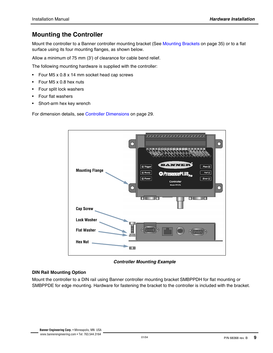 Mounting the controller, Din rail mounting option | Banner PresencePLUS Pro—PRO Camera User Manual | Page 15 / 46