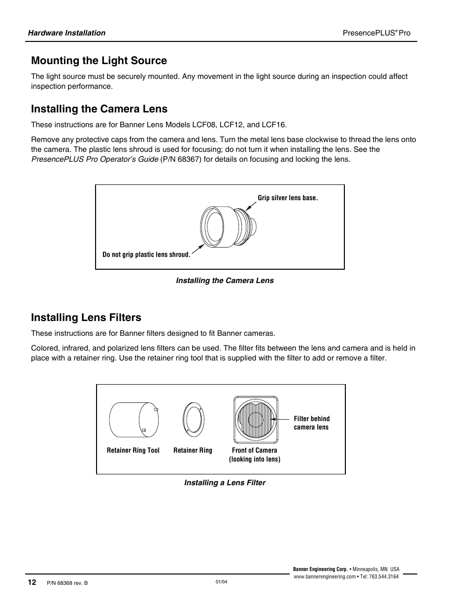 Mounting the light source, Installing the camera lens, Installing lens filters | Banner PresencePLUS Pro—PRO Camera User Manual | Page 18 / 46