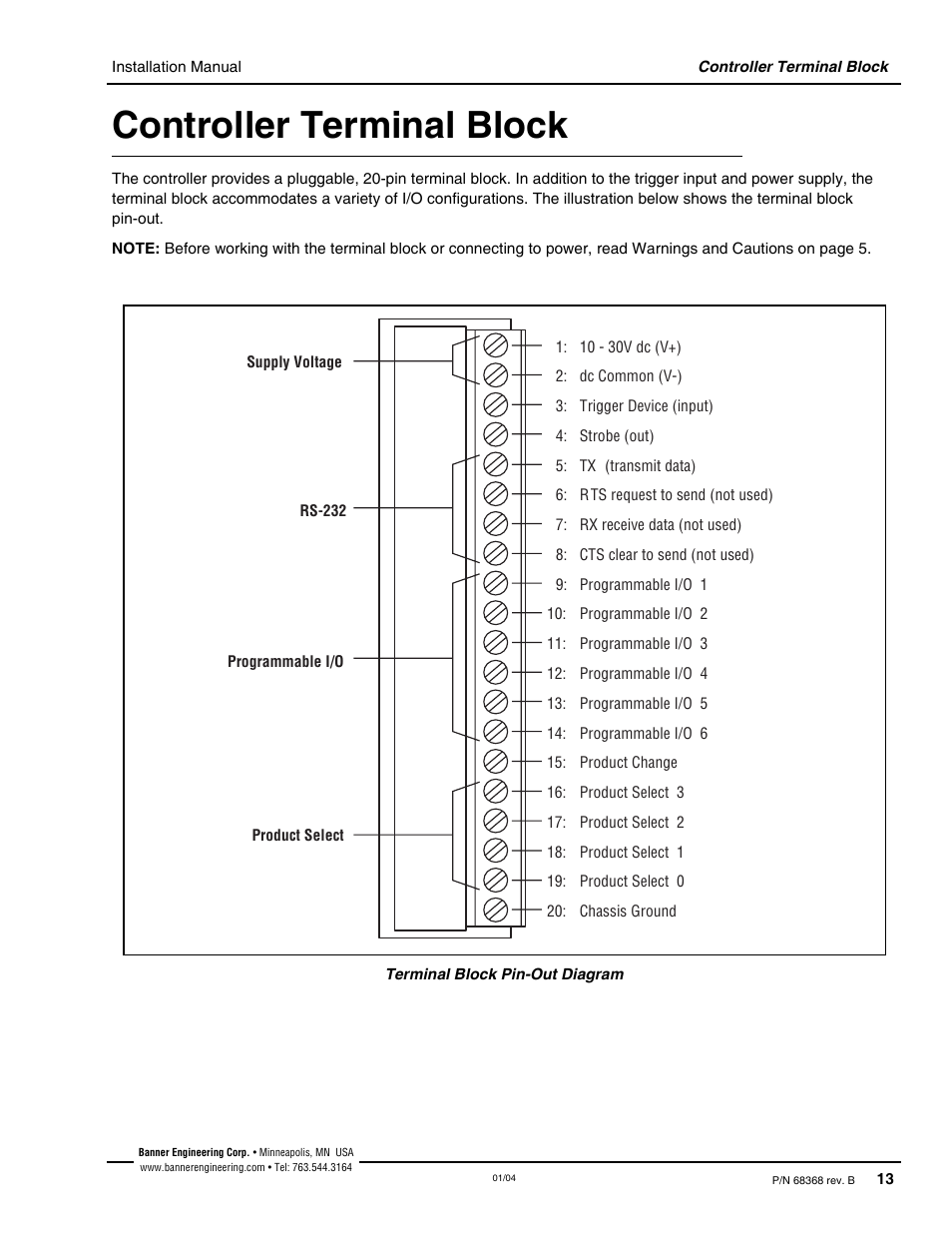 Controller terminal block, Controller, Terminal block | Banner PresencePLUS Pro—PRO Camera User Manual | Page 19 / 46