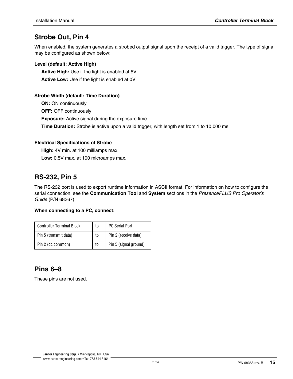 Strobe out, pin 4, Rs-232, pin 5, Pins 6–8 | Strobe out, pin 4 rs-232, pin 5 pins 6–8 | Banner PresencePLUS Pro—PRO Camera User Manual | Page 21 / 46