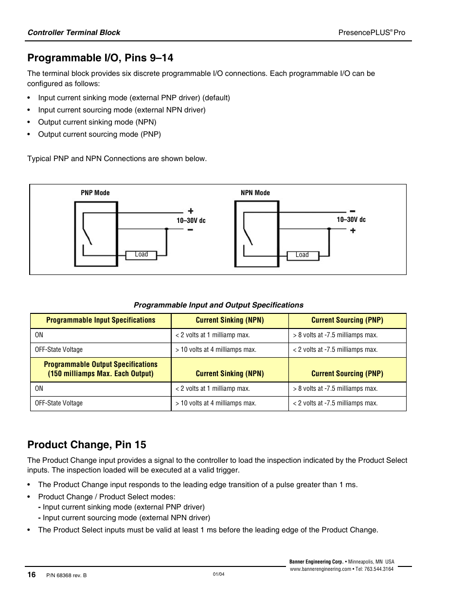 Programmable i/o, pins 9–14, Product change, pin 15, Programmable i/o, pins 9–14 product change, pin 15 | Banner PresencePLUS Pro—PRO Camera User Manual | Page 22 / 46