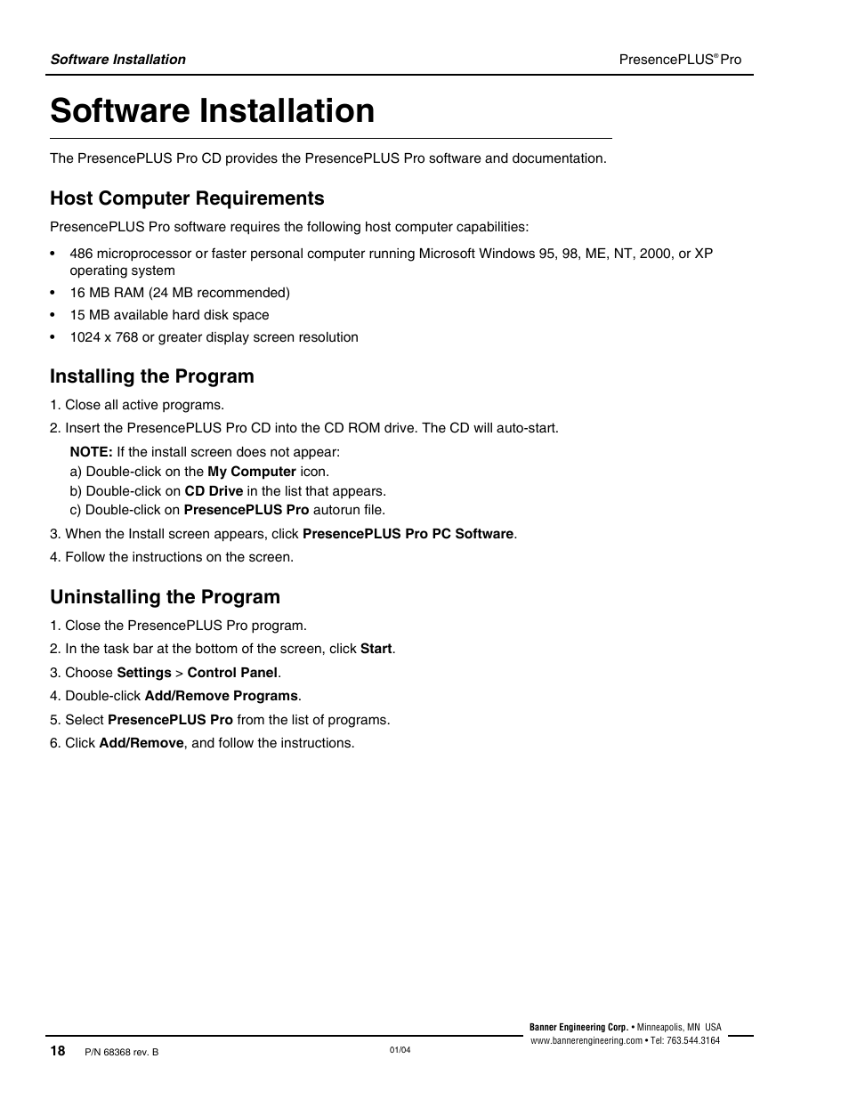 Software installation, Host computer requirements, Installing the program | Uninstalling the program | Banner PresencePLUS Pro—PRO Camera User Manual | Page 24 / 46
