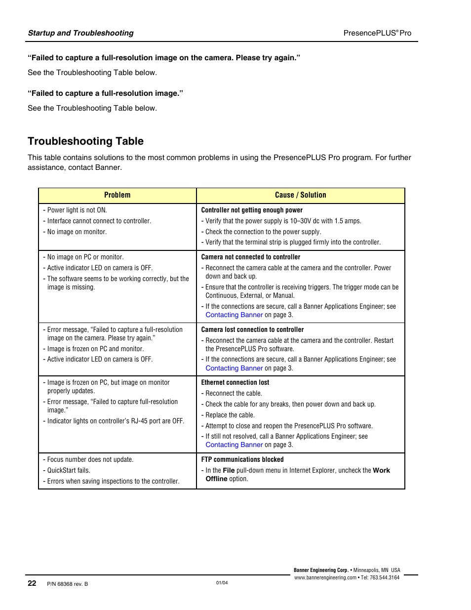 Troubleshooting table, Camera not connected to controller, Ethernet connection lost | Communications blocked | Banner PresencePLUS Pro—PRO Camera User Manual | Page 28 / 46