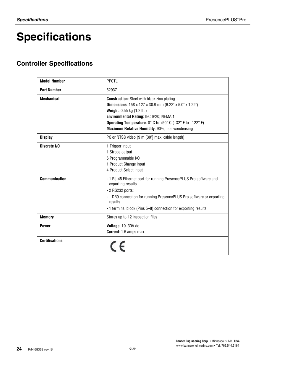 Specifications, Controller specifications | Banner PresencePLUS Pro—PRO Camera User Manual | Page 30 / 46