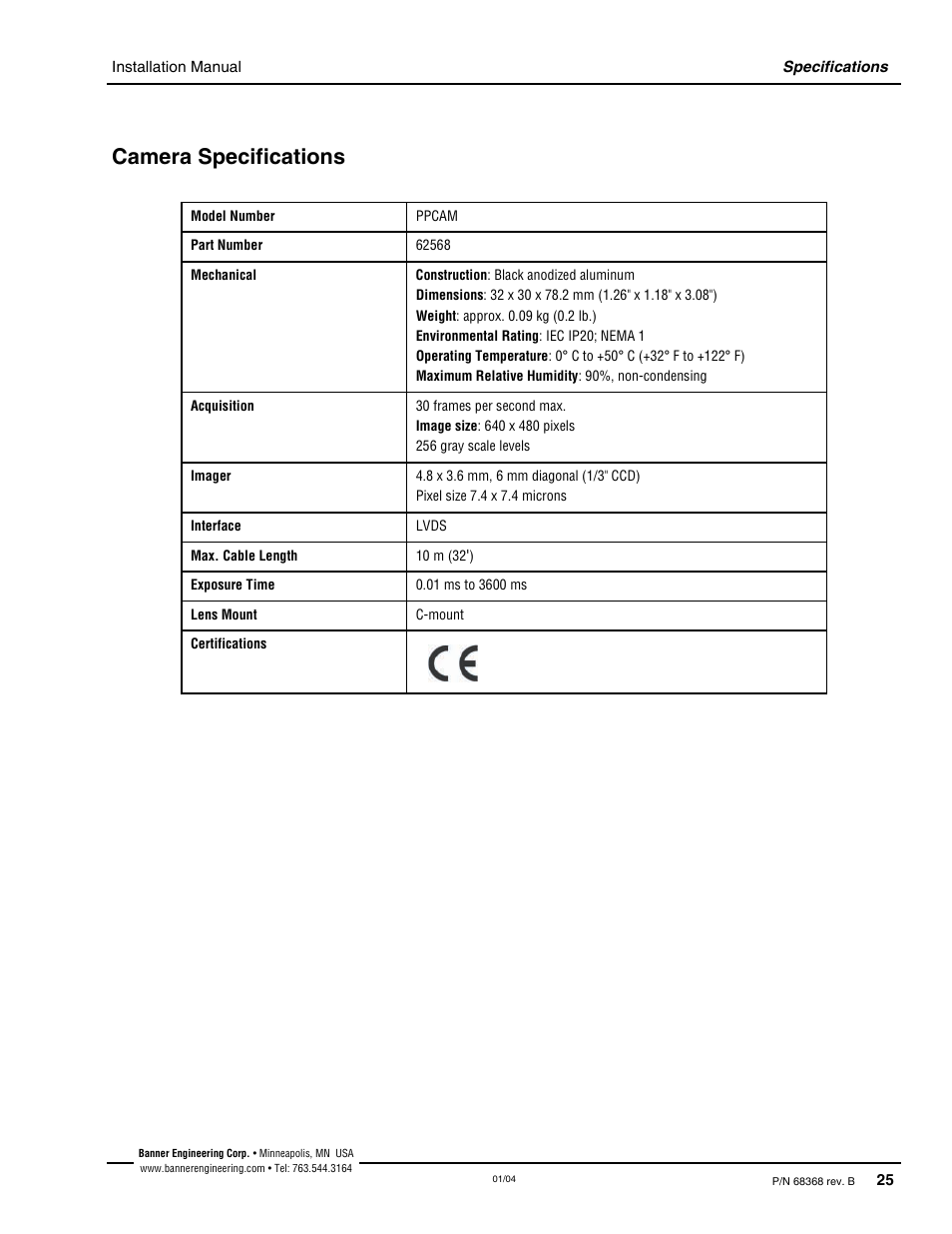 Camera specifications | Banner PresencePLUS Pro—PRO Camera User Manual | Page 31 / 46