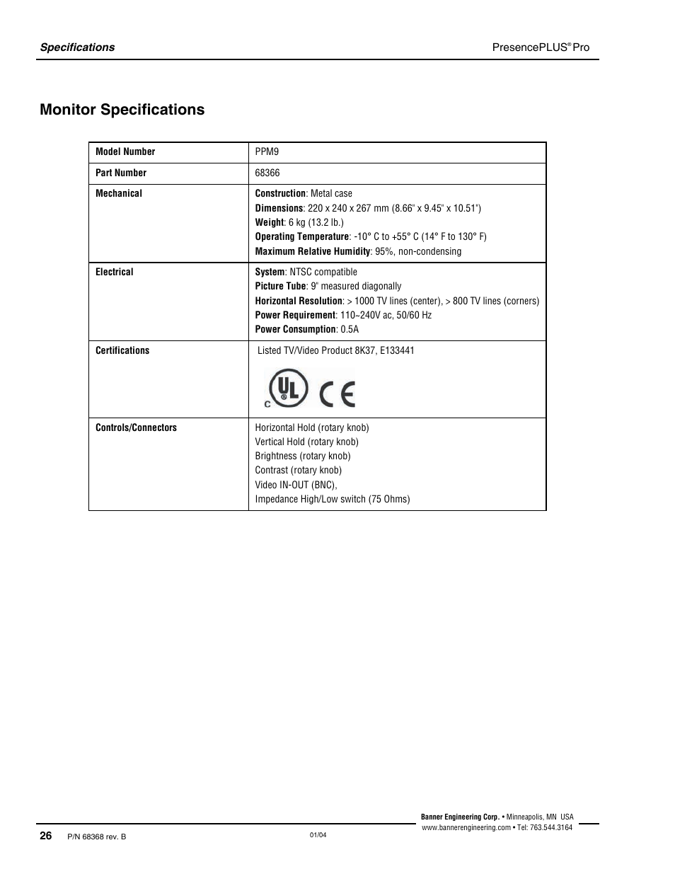 Monitor specifications | Banner PresencePLUS Pro—PRO Camera User Manual | Page 32 / 46