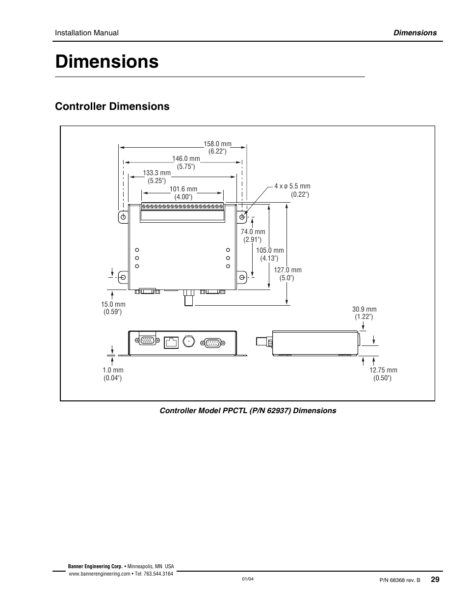 Dimensions, Controller dimensions | Banner PresencePLUS Pro—PRO Camera User Manual | Page 35 / 46