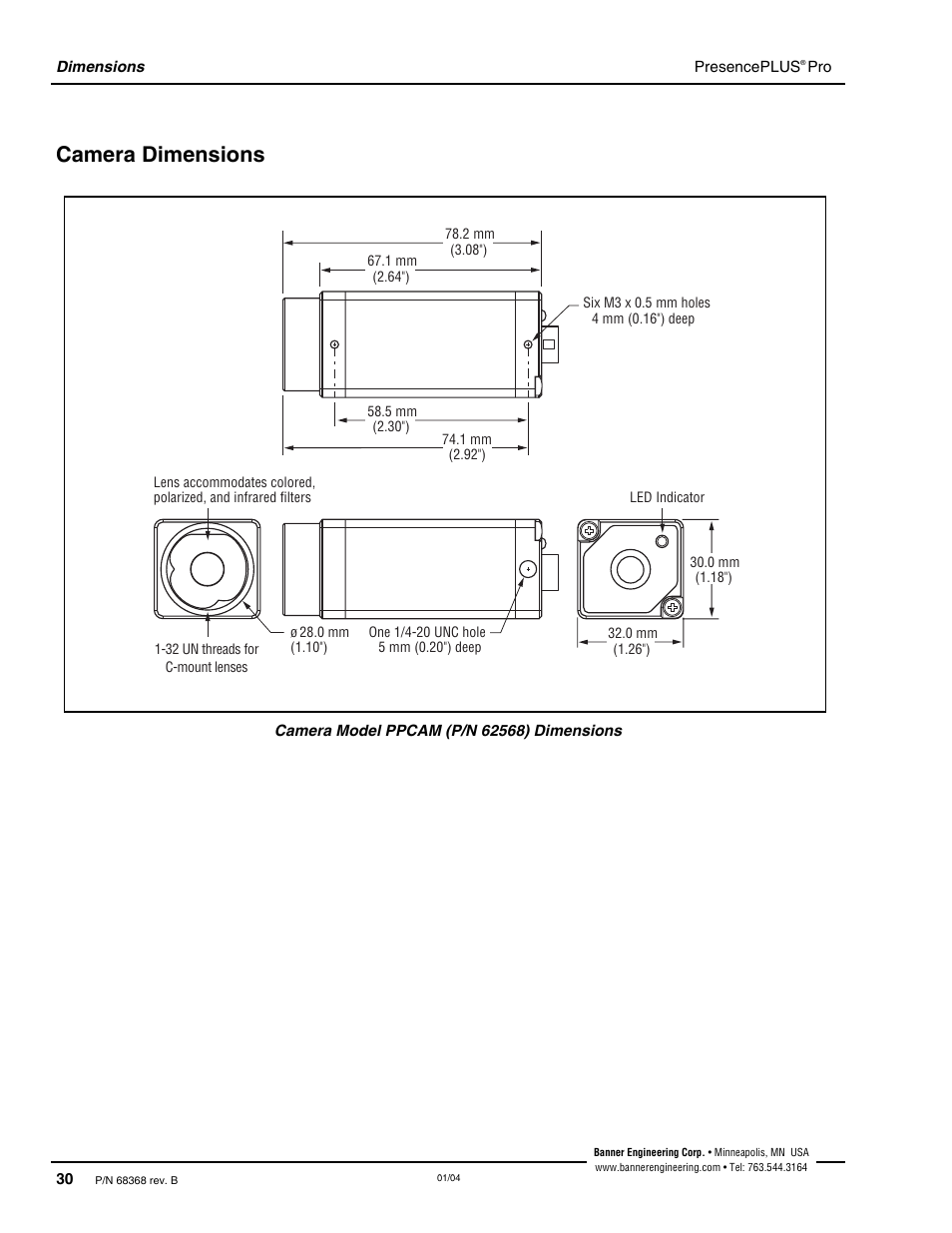 Camera dimensions | Banner PresencePLUS Pro—PRO Camera User Manual | Page 36 / 46