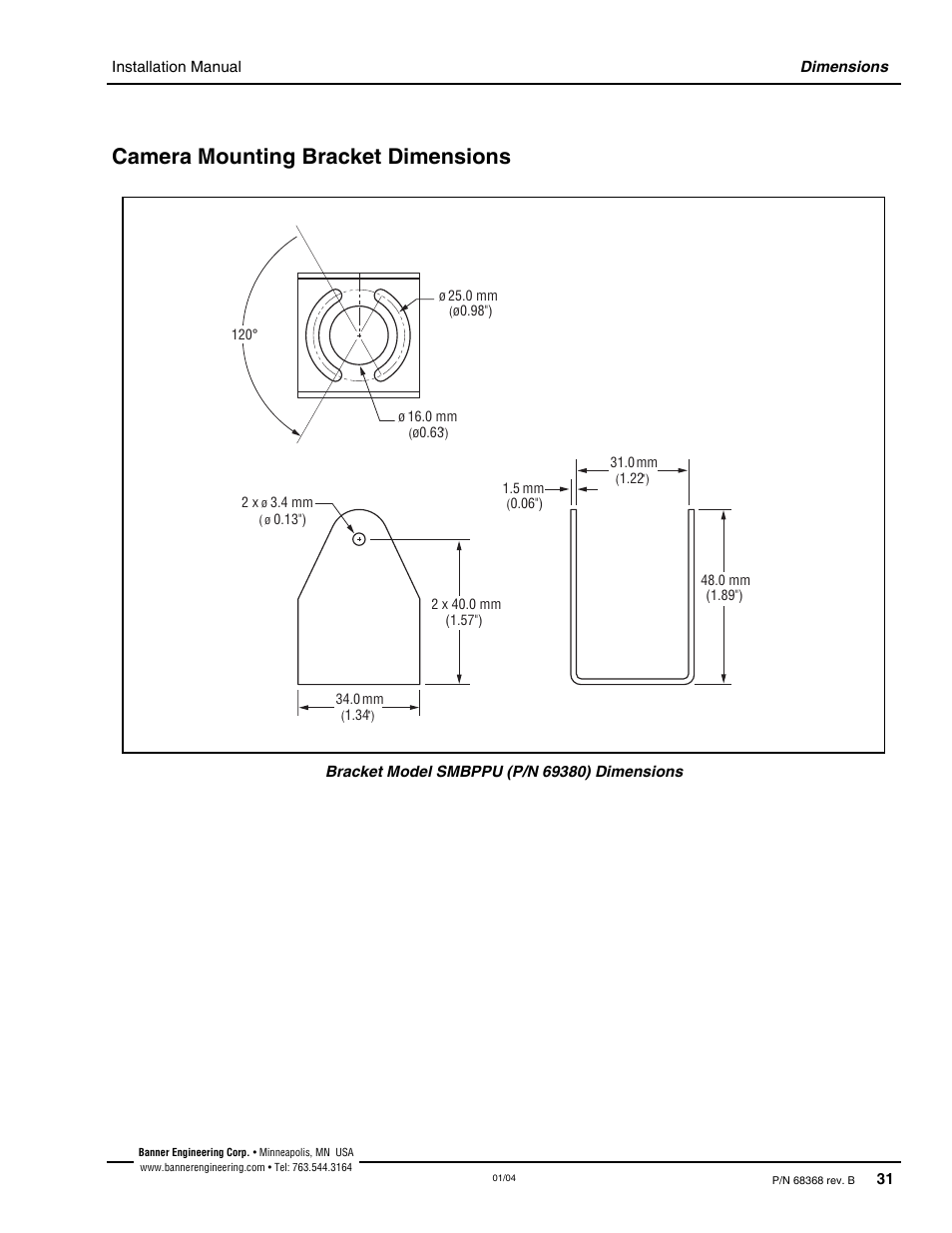 Camera mounting bracket dimensions | Banner PresencePLUS Pro—PRO Camera User Manual | Page 37 / 46