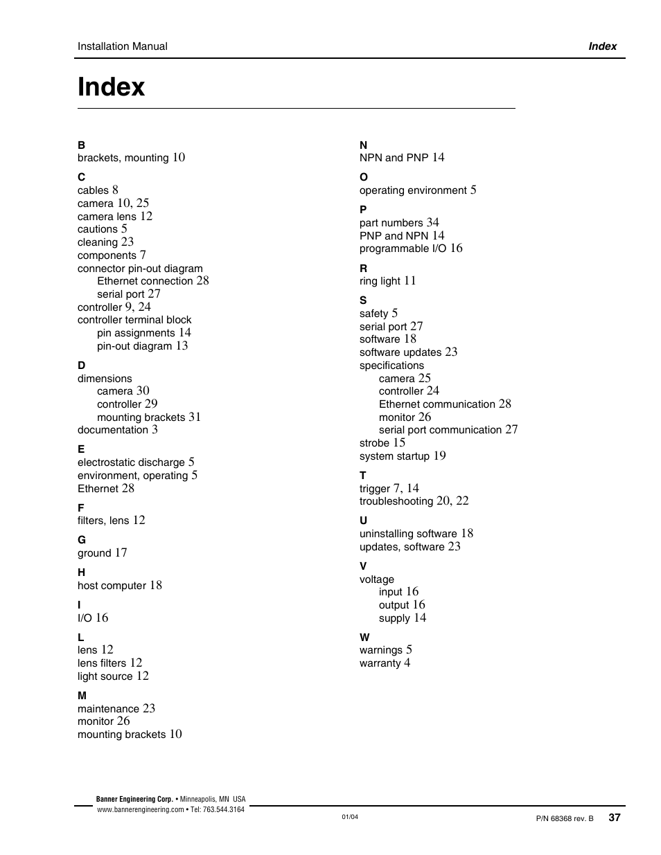 Index | Banner PresencePLUS Pro—PRO Camera User Manual | Page 43 / 46