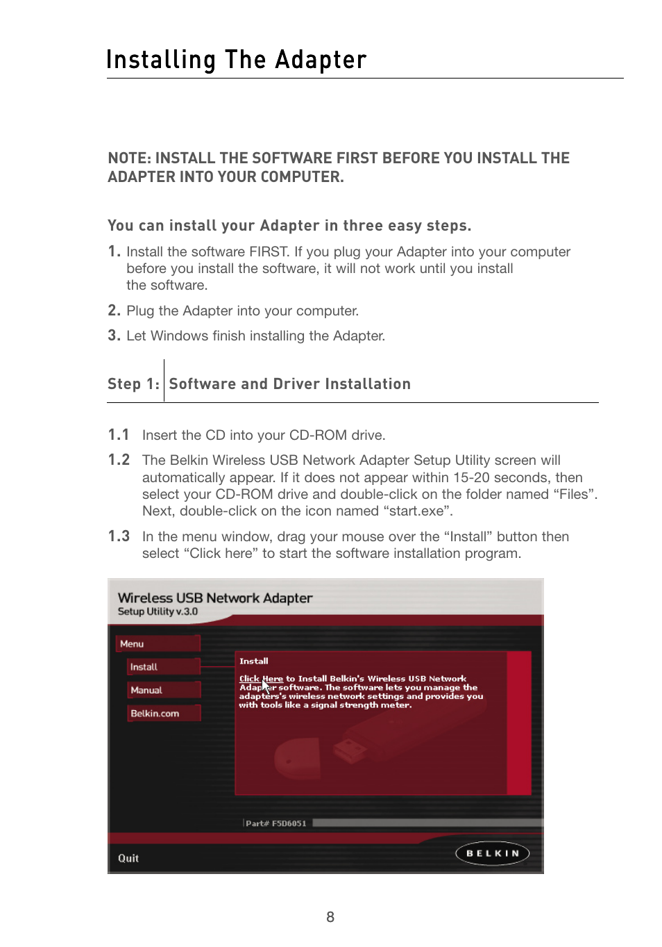 Installing the adapter | Belkin F5D6051 User Manual | Page 10 / 42