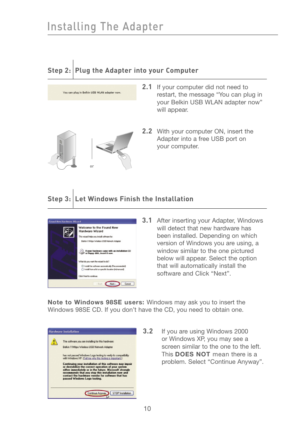 Installing the adapter | Belkin F5D6051 User Manual | Page 12 / 42