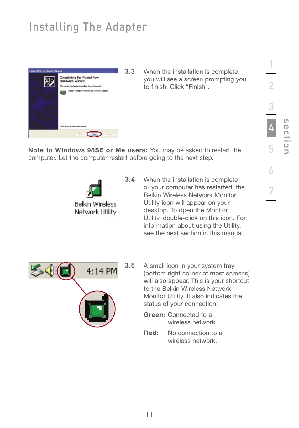 Installing the adapter, Se ct io n | Belkin F5D6051 User Manual | Page 13 / 42