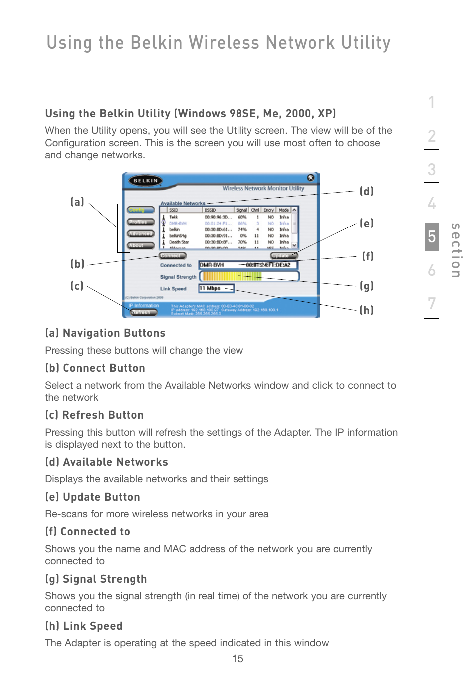 Using the belkin wireless network utility, Se ct io n | Belkin F5D6051 User Manual | Page 17 / 42