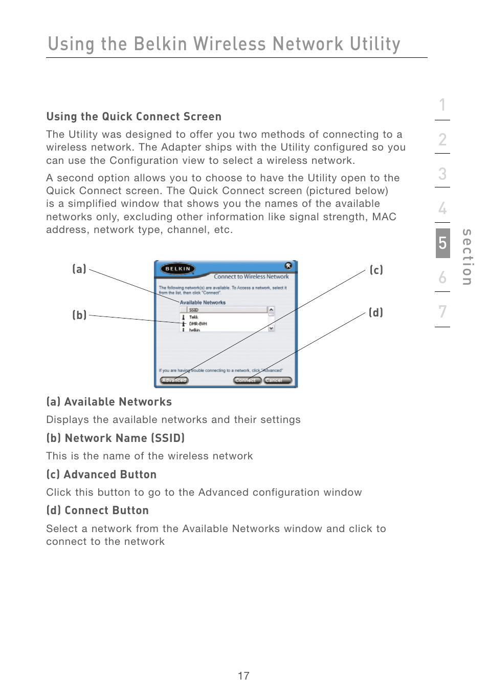 Using the belkin wireless network utility, Se ct io n | Belkin F5D6051 User Manual | Page 19 / 42