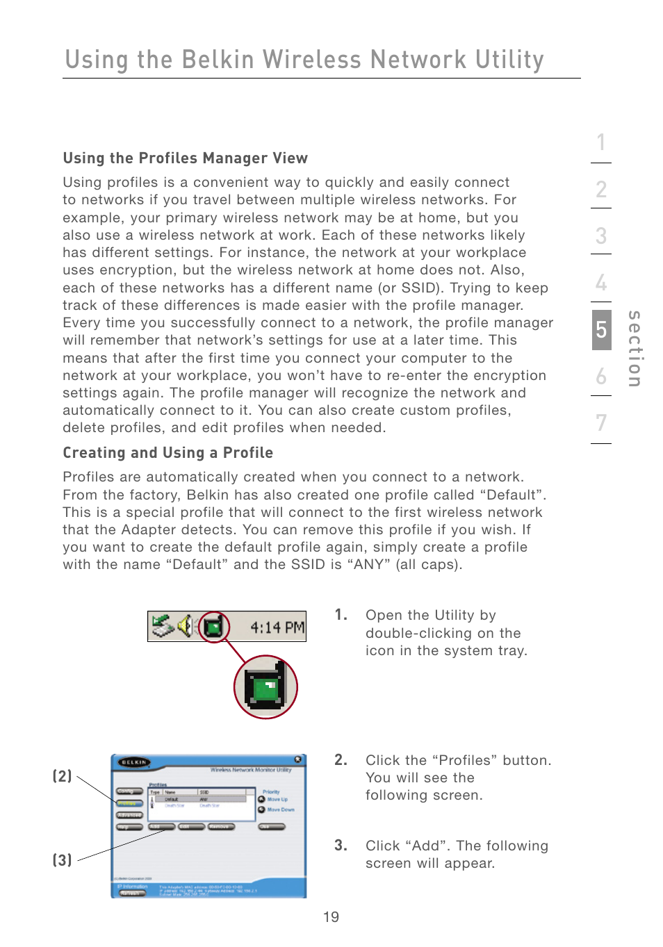 Using the belkin wireless network utility, Se ct io n | Belkin F5D6051 User Manual | Page 21 / 42