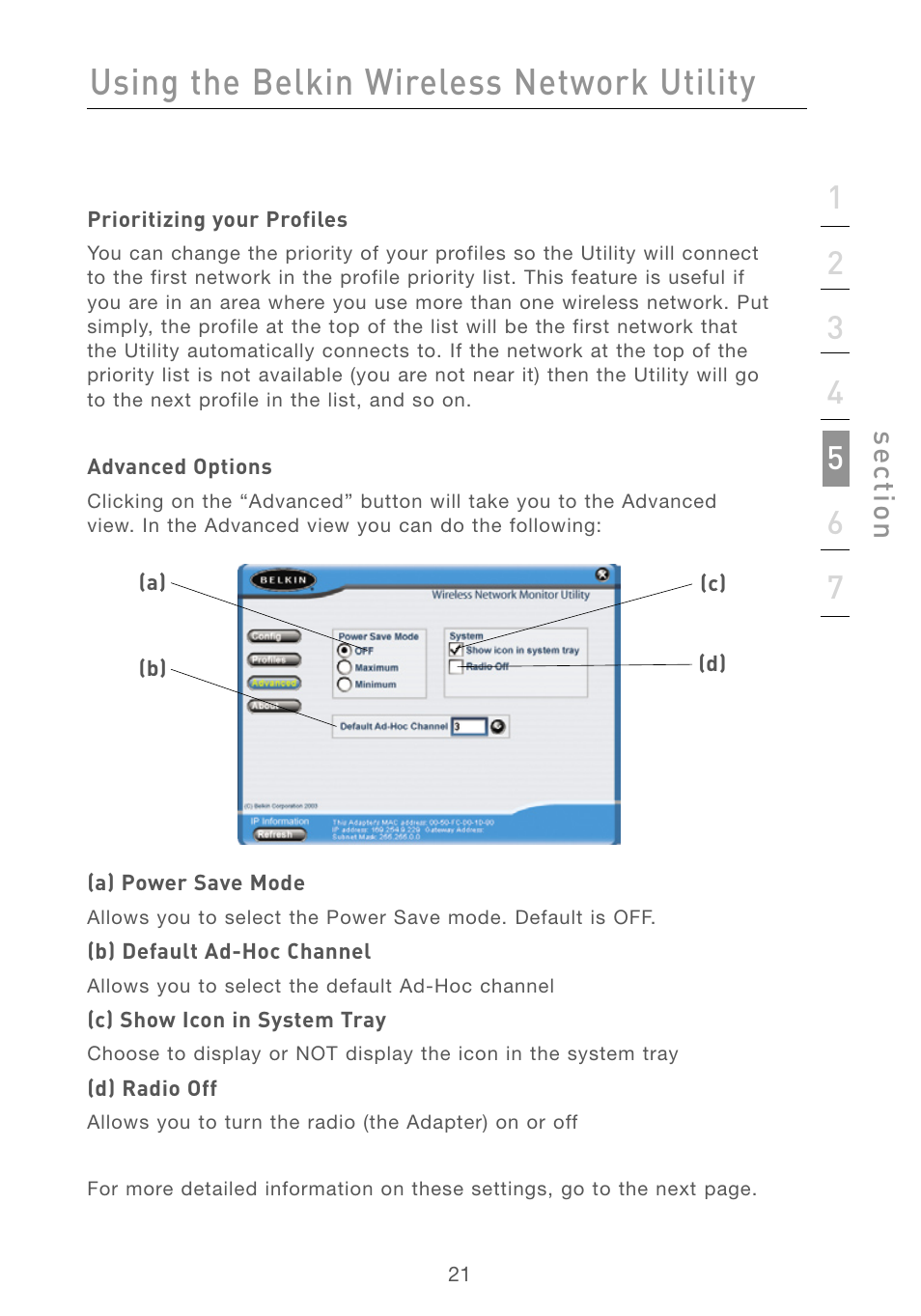 Using the belkin wireless network utility, Se ct io n | Belkin F5D6051 User Manual | Page 23 / 42