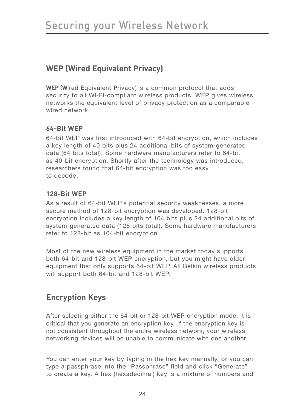 Securing your wireless network, Wep (wired equivalent privacy), Encryption keys | Belkin F5D6051 User Manual | Page 26 / 42