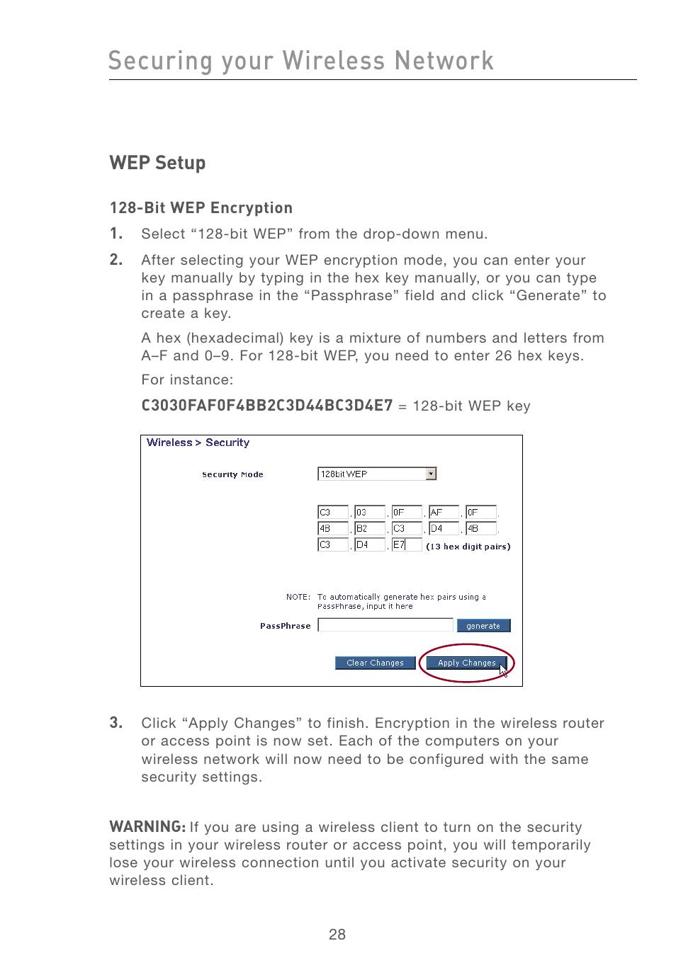 Securing your wireless network, Wep setup | Belkin F5D6051 User Manual | Page 30 / 42