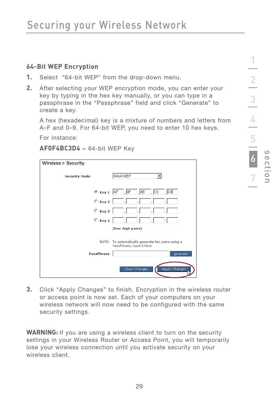 Securing your wireless network, Se ct io n | Belkin F5D6051 User Manual | Page 31 / 42