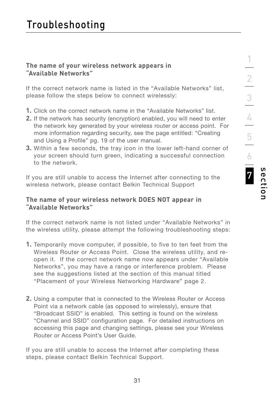 Troubleshooting, Se ct io n | Belkin F5D6051 User Manual | Page 33 / 42