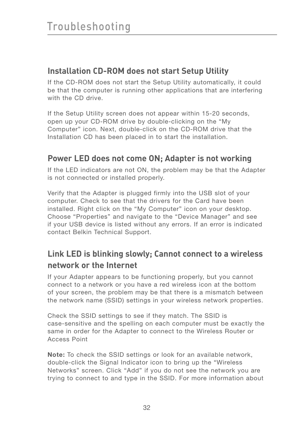 Troubleshooting, Installation cd-rom does not start setup utility, Power led does not come on; adapter is not working | Belkin F5D6051 User Manual | Page 34 / 42