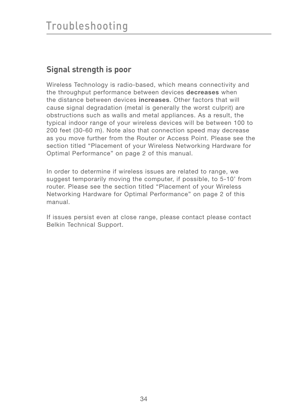 Troubleshooting, Signal strength is poor | Belkin F5D6051 User Manual | Page 36 / 42