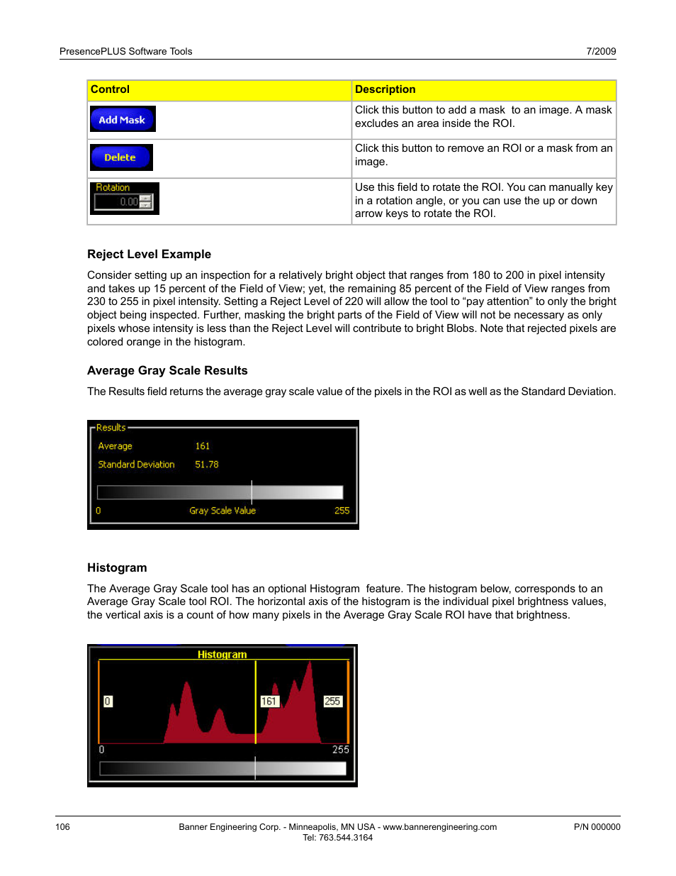 Reject level example, Average gray scale results, Histogram | Banner PresencePLUS P4 Series User Manual | Page 106 / 254