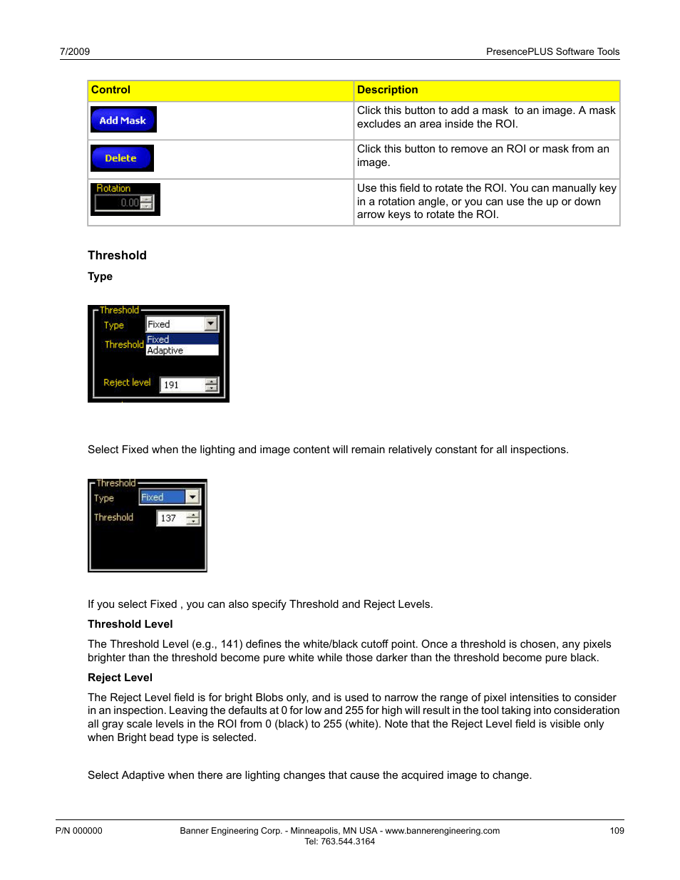 Threshold, Fixed, Adaptive | Threshold7.3.2.2 threshold | Banner PresencePLUS P4 Series User Manual | Page 109 / 254