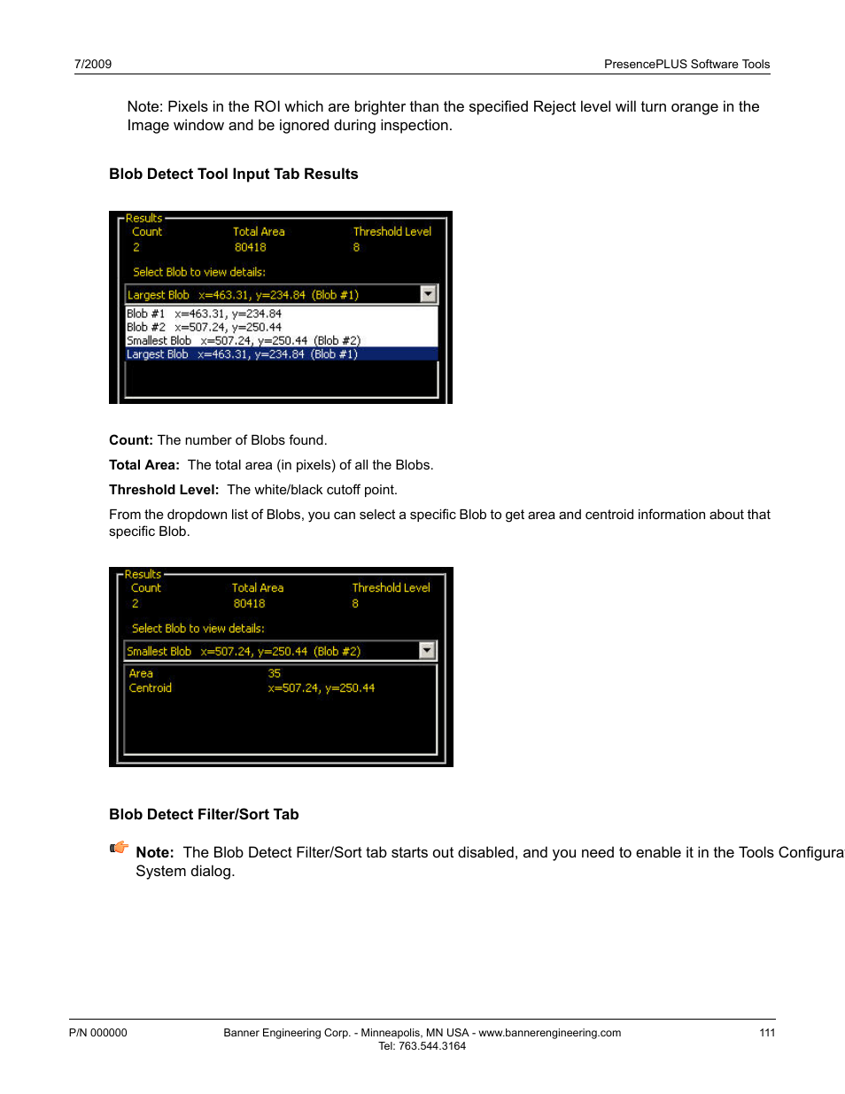 Blob detect tool input tab results, Blob detect filter/sort tab | Banner PresencePLUS P4 Series User Manual | Page 111 / 254