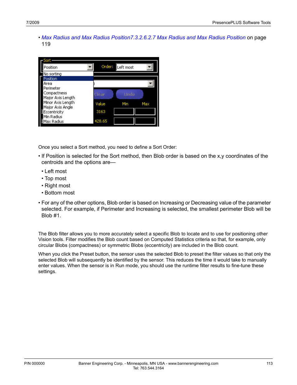 Blob sort order, Blob filter | Banner PresencePLUS P4 Series User Manual | Page 113 / 254